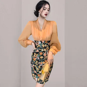 Zarif Ofis Bayan Elbise 2022 Bahar Şifon V Yaka Puf Kollu Yüksek Bel Sıkı Dikiş Çiçek Parti Mini Elbise Kadınlar