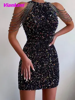 Zarif Sequins Parti Elbise Kadınlar Seksi Glitter Kristal Püskül Katı Mini Elbise Yaz Moda Asılı Boyun Kulübü Çantası Kalça Elbiseler