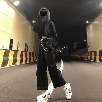 Zincir Baggy Kargo Katı siyah pantolon Gotik Harajuku Streetwear 2020 Hip Hop Kadın Pantolon Kadın Geniş Bacak Pantolon Cep Kore