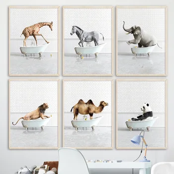 Zürafa Hayvanlar Küvet Duvar Resimleri İçin Oturma Odası Duş Banyo Nordic Poster duvar sanatı tuval yağlıboya Çerçevesiz