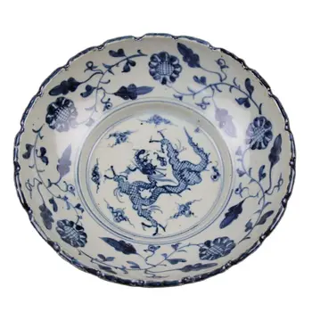 Çin antika porselen dekoratif meyve tabağı el sanatları, el-boyalı ayçiçeği kurulu alt boyama ejderha