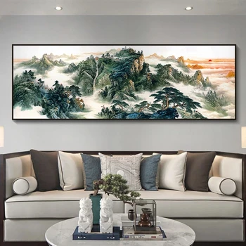 Çin Geleneksel Tarzı Dağ Nehir Ağacı Güneş Manzara Tuval Soyut Poster Baskı Duvar sanat resmi Oturma Odası Ev Dekor
