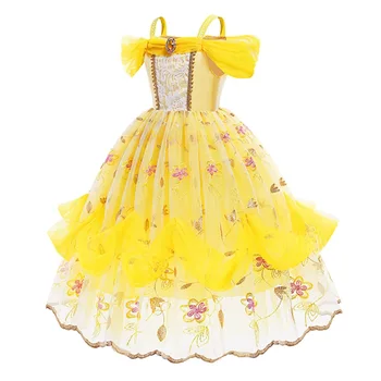 Çocuk Kız Belle Prenses Elbise Kostüm Cosplay Güzellik ve Beast Balo Çiçekler Çocuk Cadılar Bayramı fantezi parti elbisesi Kız
