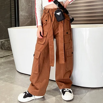 Çocuk Kız Moda Sokak Stili Kargo Pantolon Gevşek Rahat Hip Hop Pantolon Kore Geniş Bacak Pantolon Kemer Salonu Streetwear