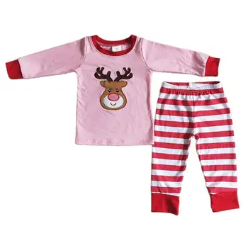 Çocuk Noel Nakış Ren Geyiği Giysileri Pembe Uzun Kollu Pijama Toptan Bebek Kız Kıyafet çizgili pantolon Çocuklar Geyik Seti