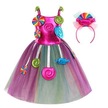Şeker Elbise Kız Karikatür Peri Gökkuşağı Kostüm Lolipop Aplike Kabarık Kıyafet Renkli Prenses Rop Karnaval Fantezi Elbise